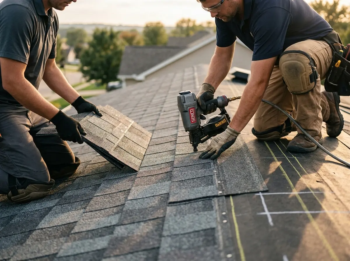 Professional roofer working on a residential roof in Kosciusko